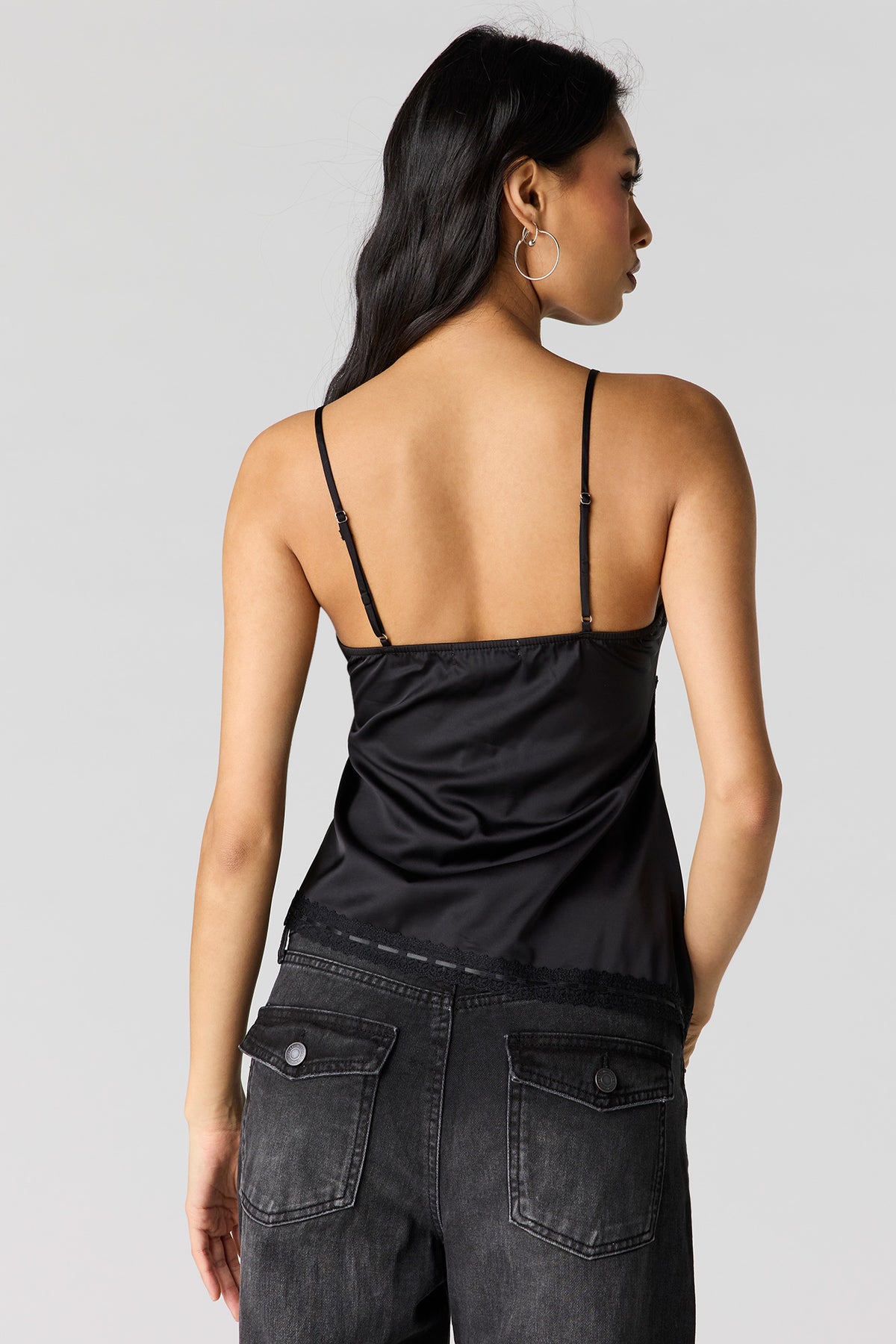 Alt View 2. Satin Lace Trim Asymmetrical Cami - Black