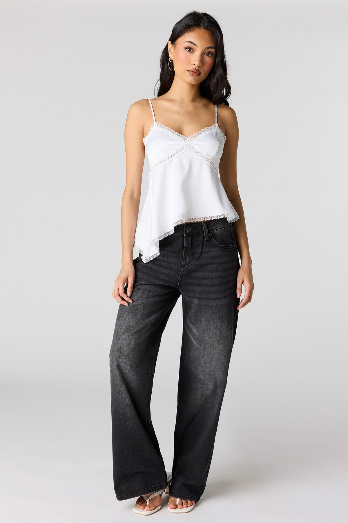 Alt View 3. Satin Lace Trim Asymmetrical Cami - White