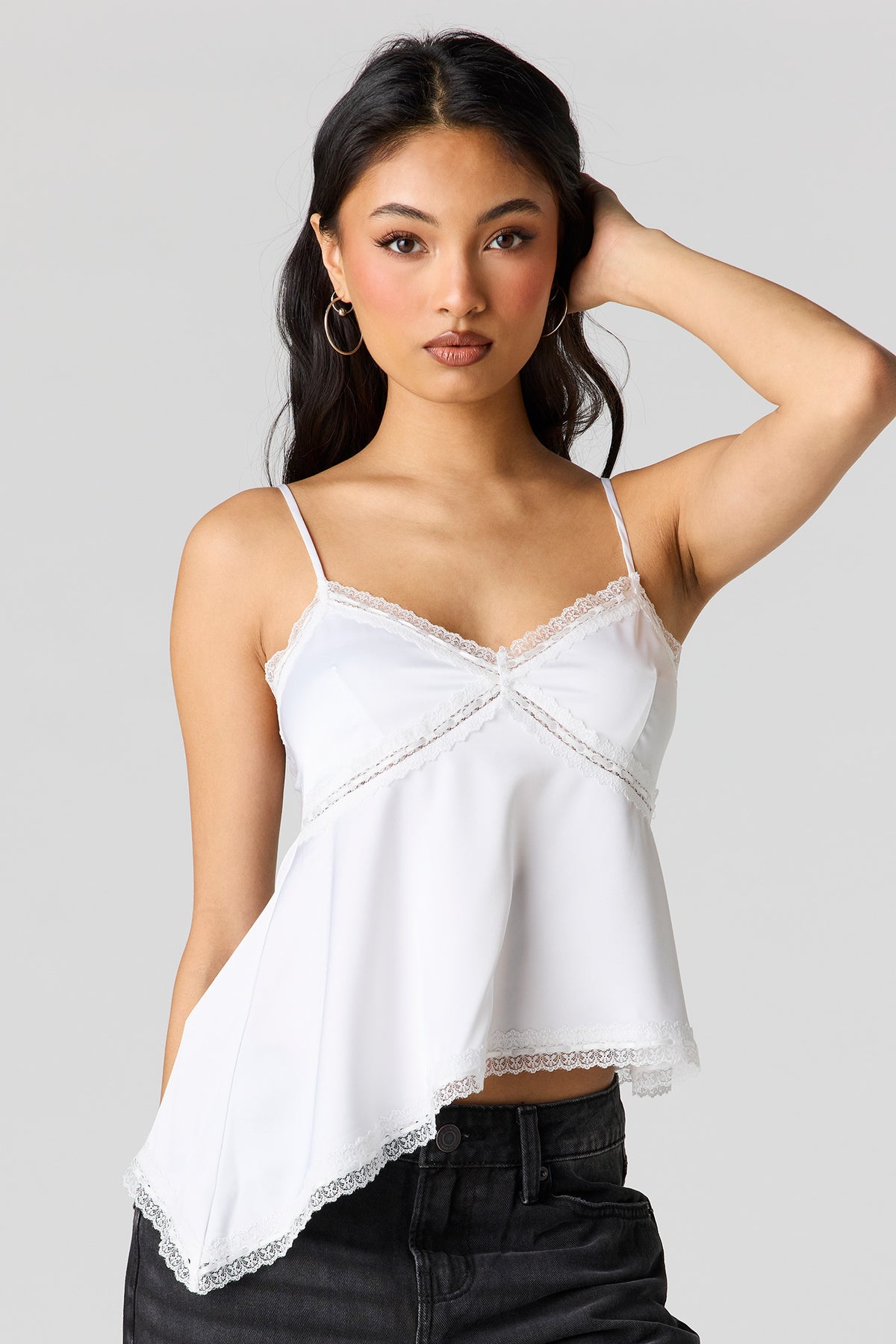 Satin Lace Trim Asymmetrical Cami - White