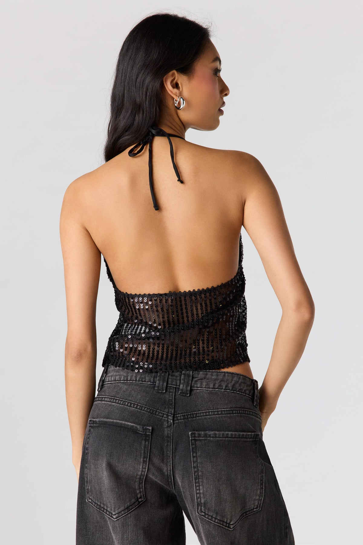 Alt View 2. Sequin Babydoll Halter Top - Black