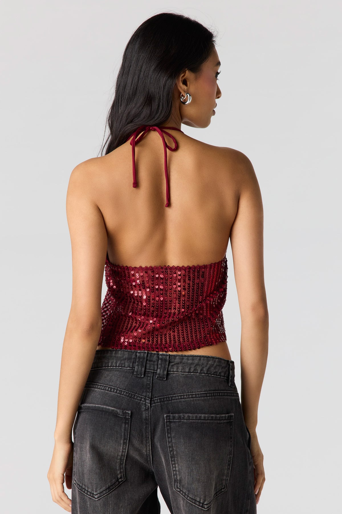 Alt View 2. Sequin Babydoll Halter Top - Burgundy
