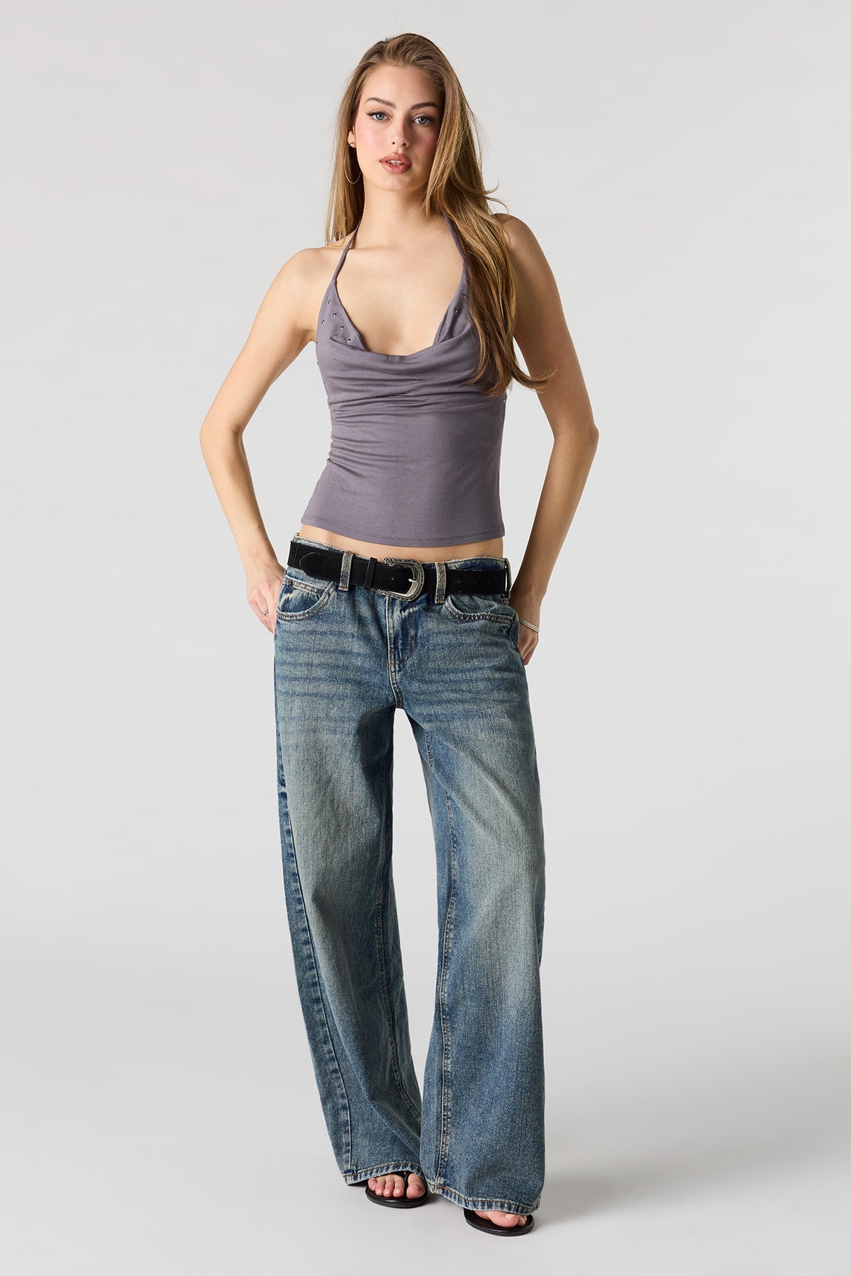 Alt View 3. Studded Cowl Neck Halter Top - Dark Grey