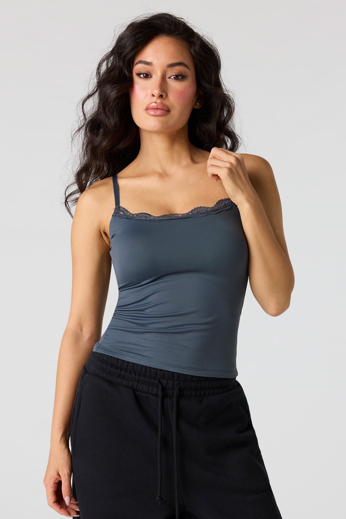 Braless Lace Trim Tank - Navy