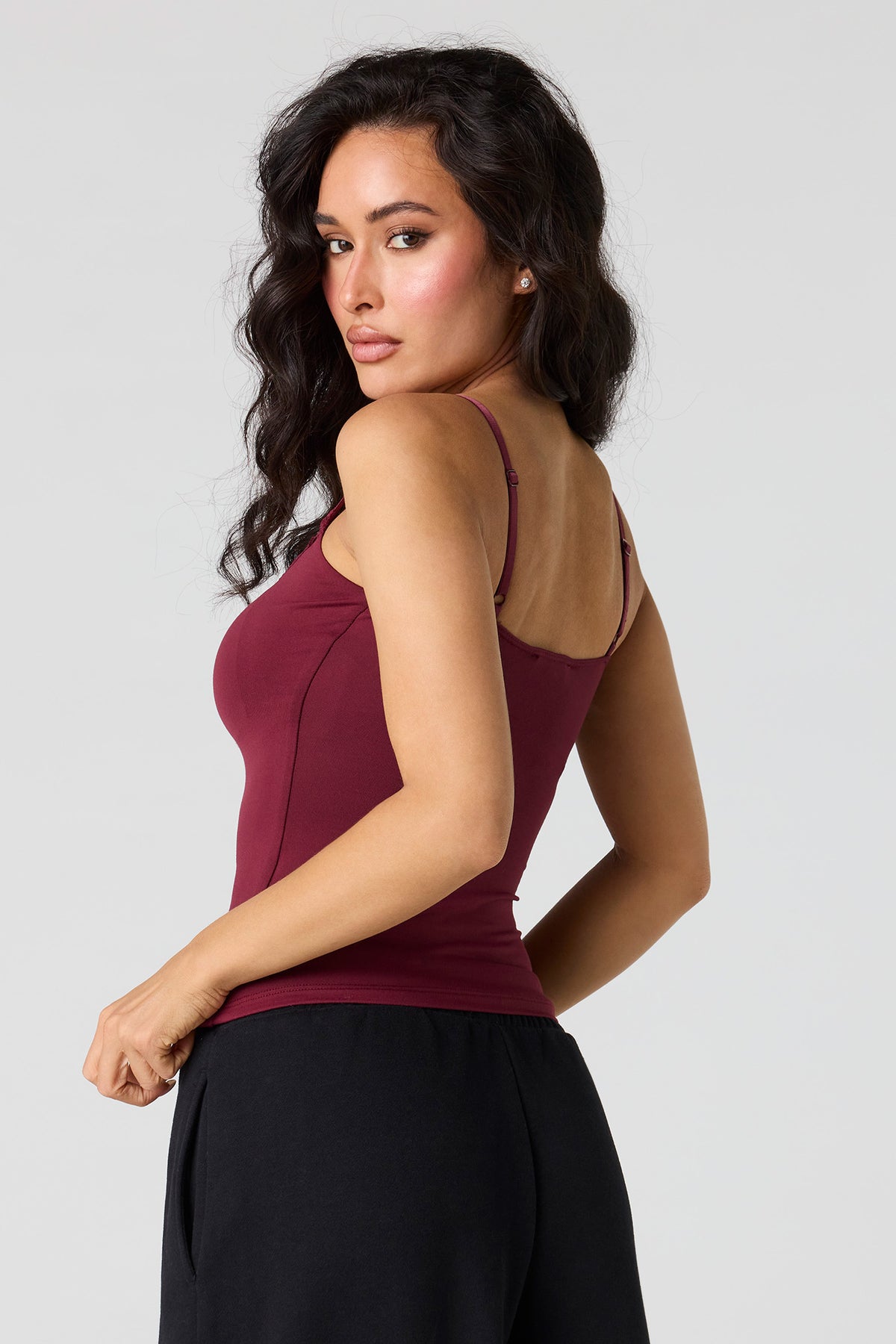 Alt View 2. Braless Lace Trim Tank - Burgundy