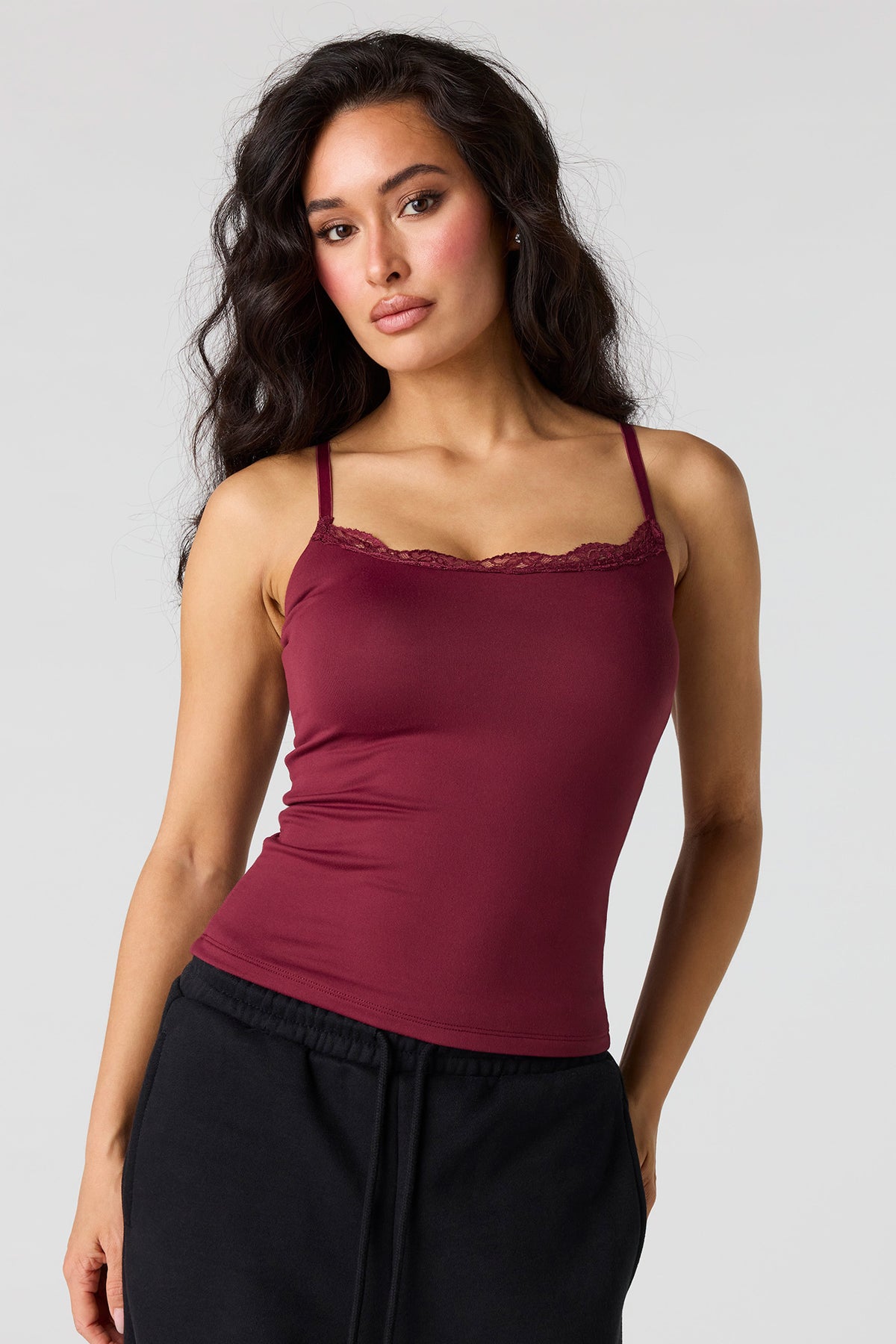 Braless Lace Trim Tank - Burgundy
