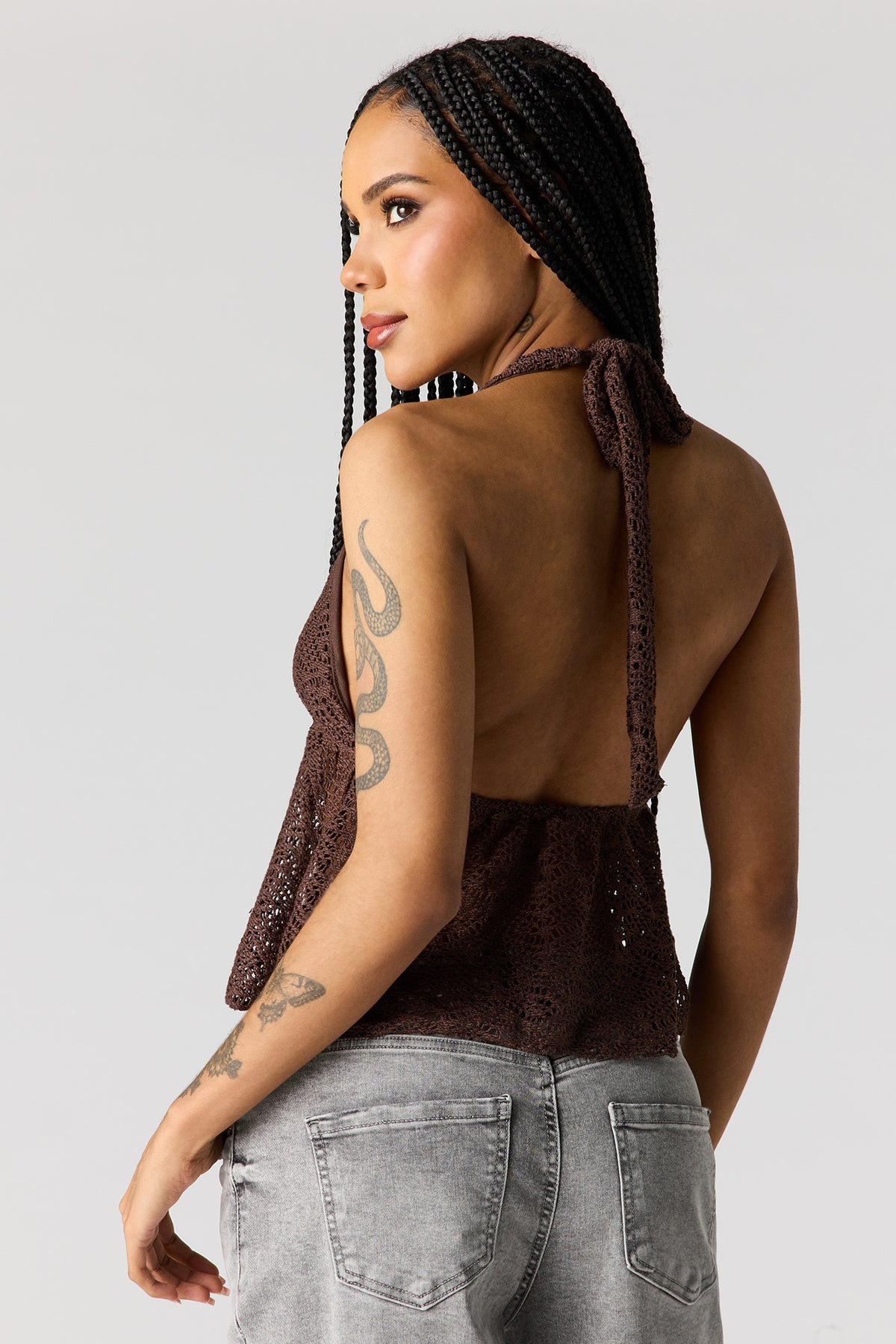 Alt View 2. Crochet Front Tie Halter Top - Brown