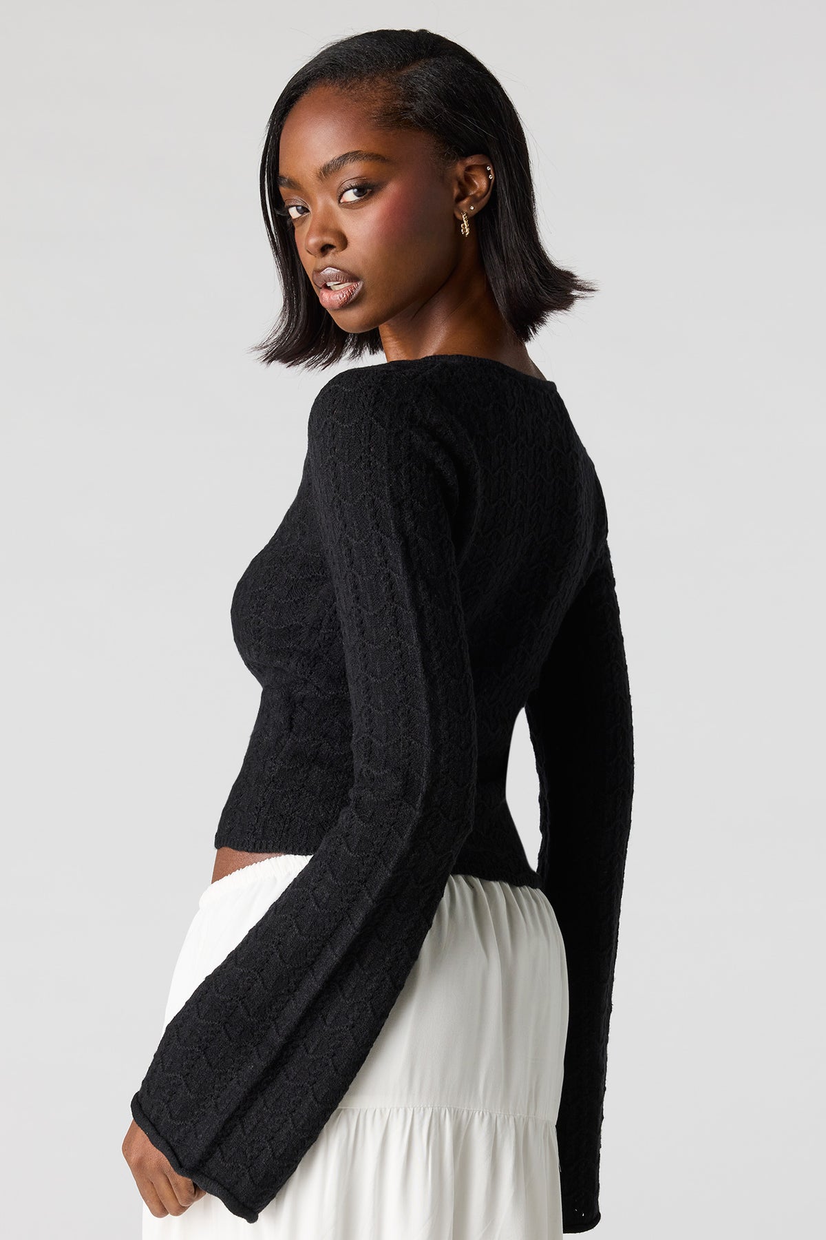 Alt View 2. Crochet O-Ring Bell Sleeve Top - Black
