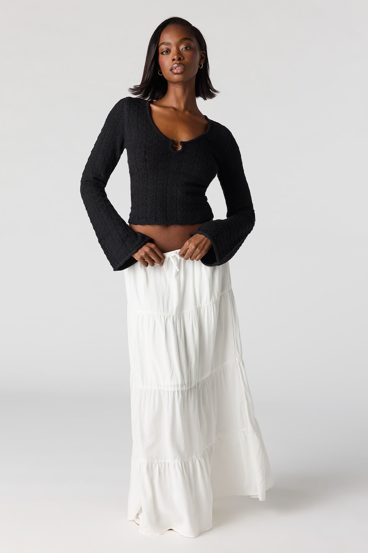 Alt View 3. Crochet O-Ring Bell Sleeve Top - Black