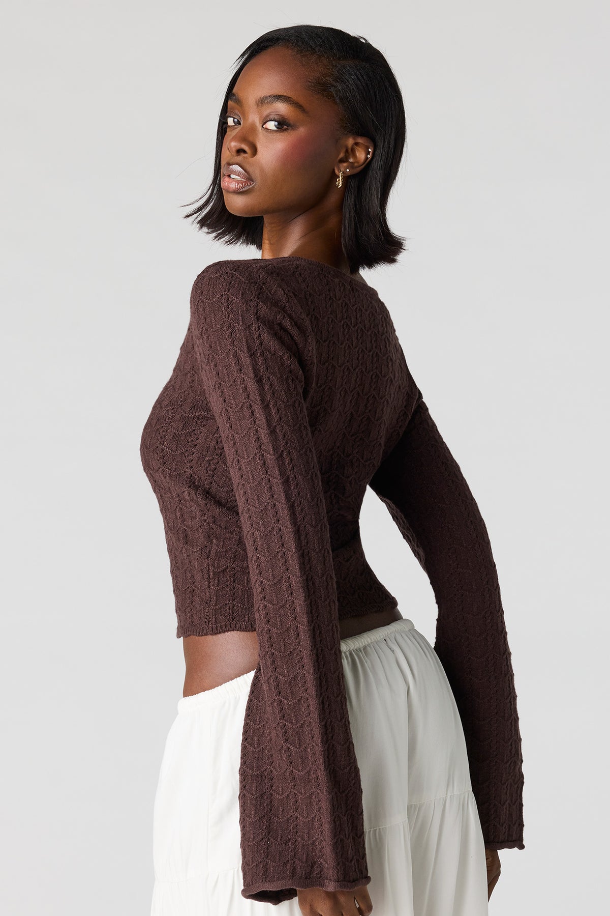 Alt View 2. Crochet O-Ring Bell Sleeve Top - Brown