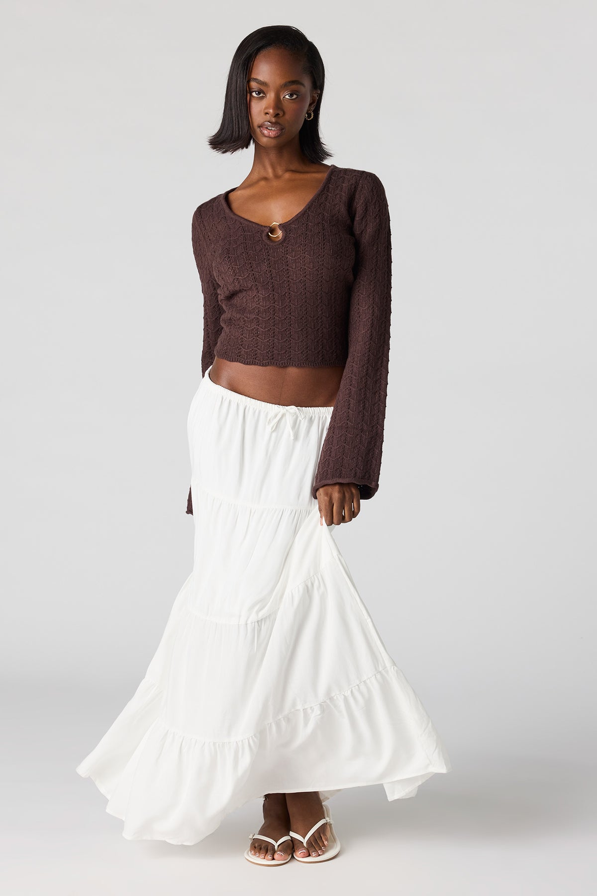 Alt View 3. Crochet O-Ring Bell Sleeve Top - Brown