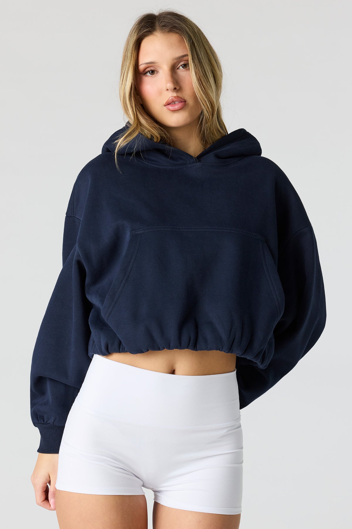 Luxe Fleece Bubble Hem Hoodie - Dark Blue