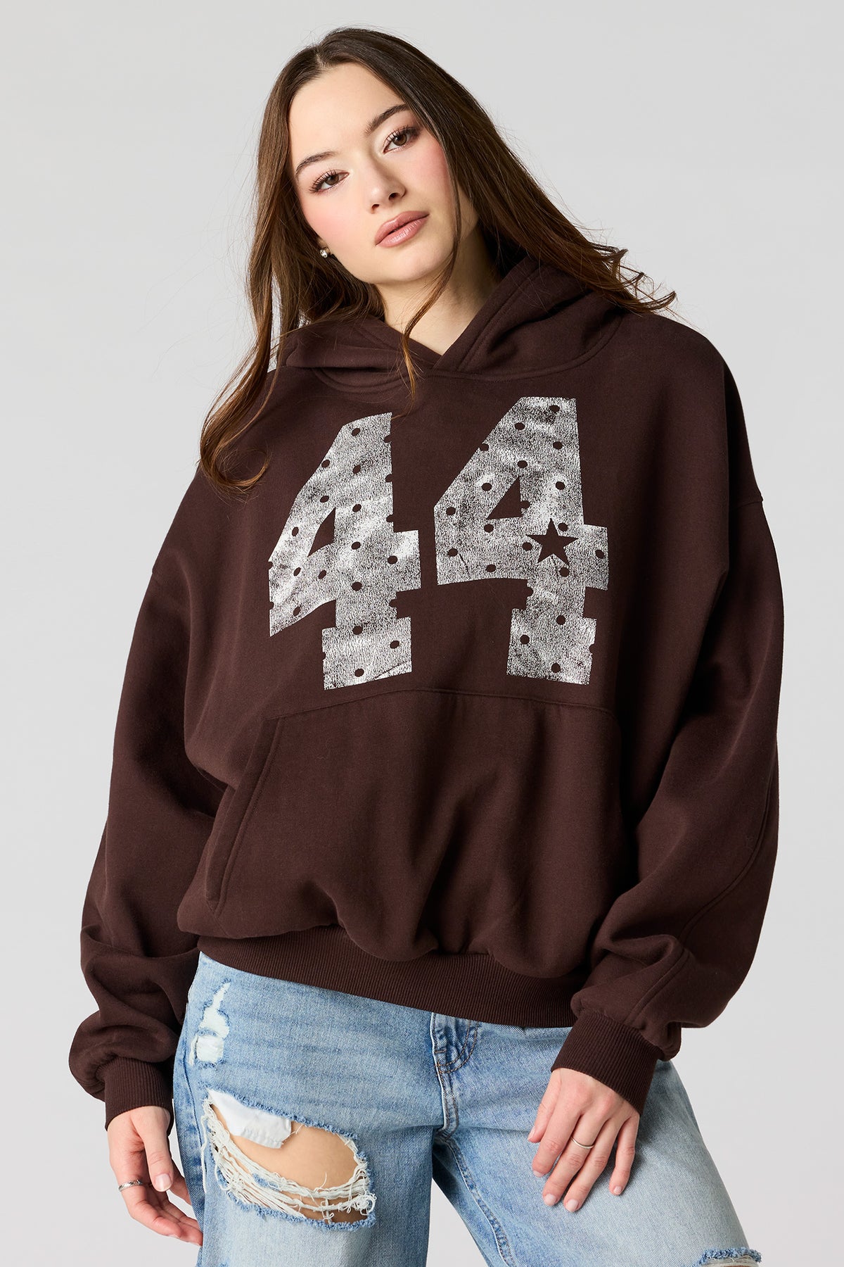 Luxe Fleece Graphic Boxy Hoodie - Brown