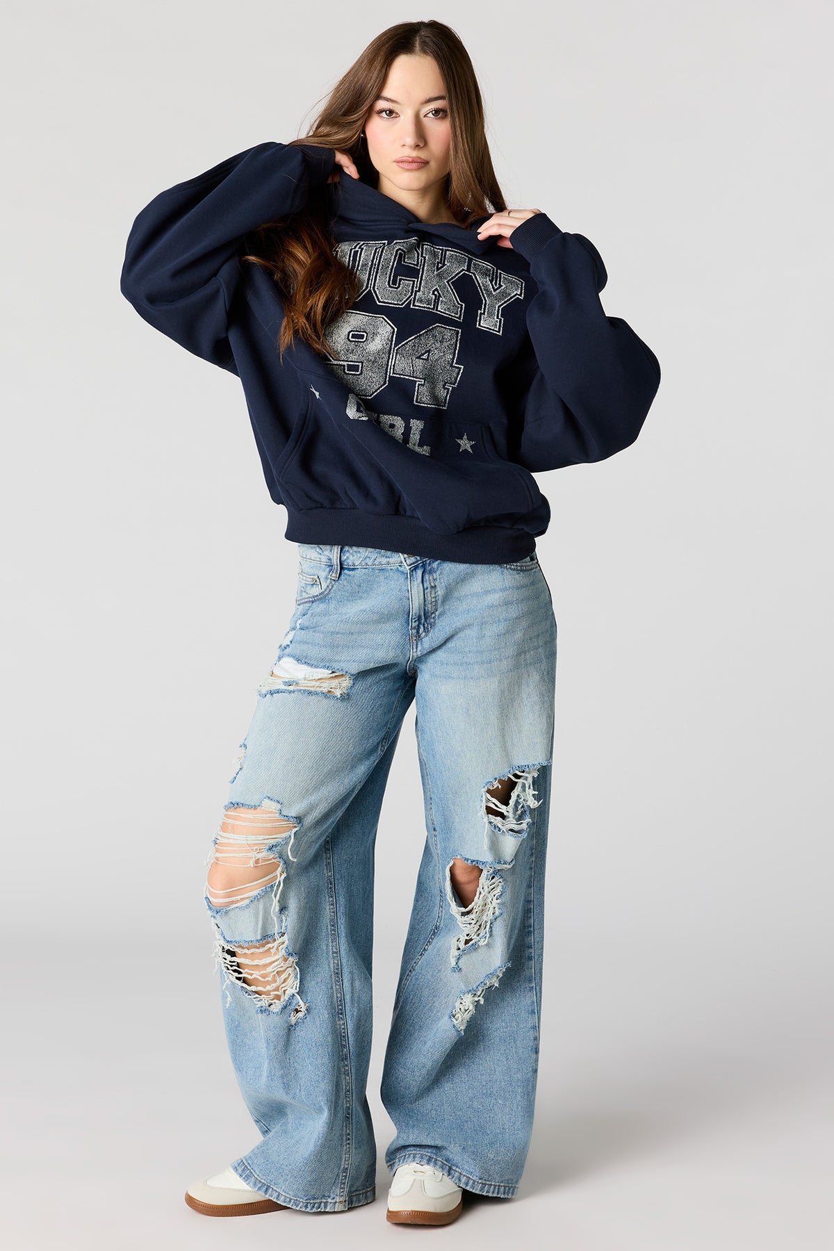 Alt View 3. Luxe Fleece Graphic Boxy Hoodie - Dark Blue