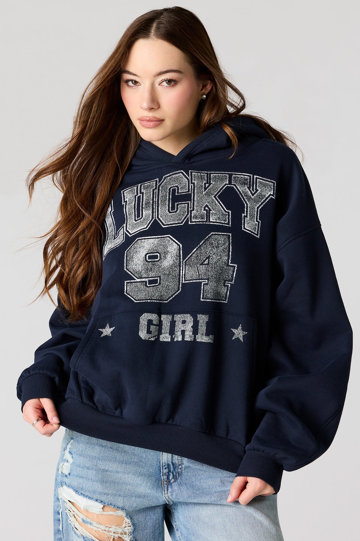 Luxe Fleece Graphic Boxy Hoodie - Dark Blue