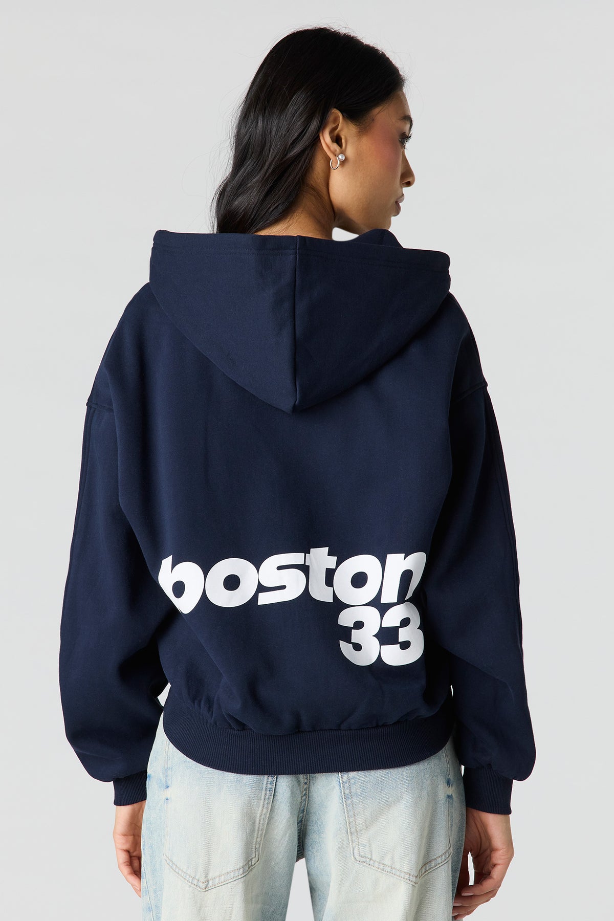 Luxe Fleece Graphic Boxy 2-Way Zip Hoodie - Dark Blue