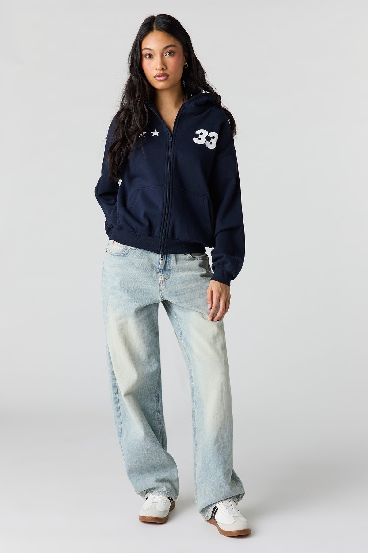 Alt View 3. Luxe Fleece Graphic Boxy 2-Way Zip Hoodie - Dark Blue
