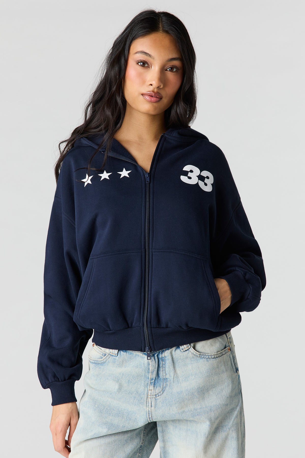 Alt View 2. Luxe Fleece Graphic Boxy 2-Way Zip Hoodie - Dark Blue