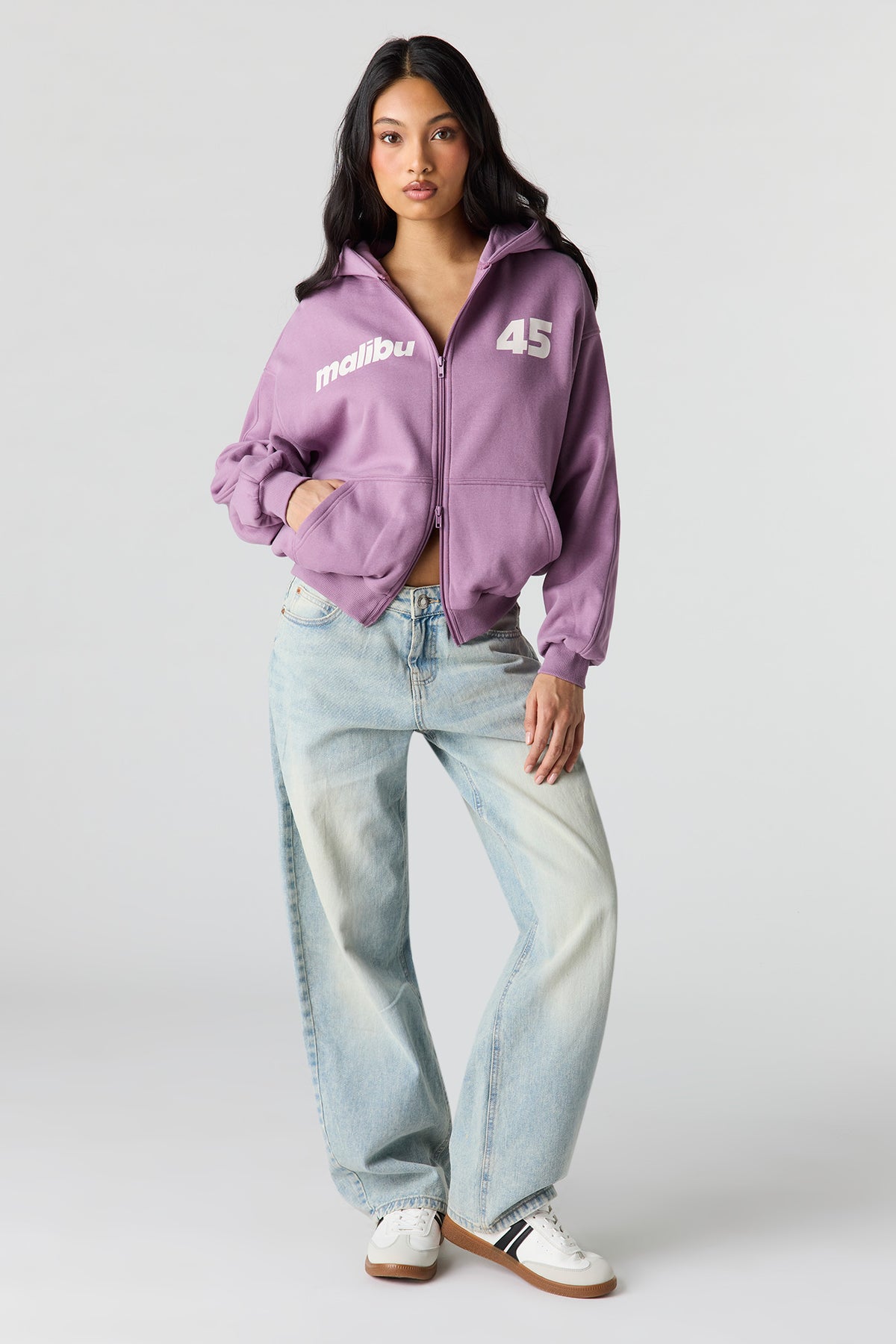 Alt View 3. Luxe Fleece Graphic Boxy 2-Way Zip Hoodie - Purple