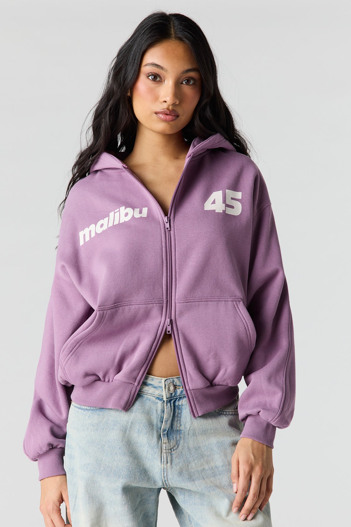 Alt View 2. Luxe Fleece Graphic Boxy 2-Way Zip Hoodie - Purple