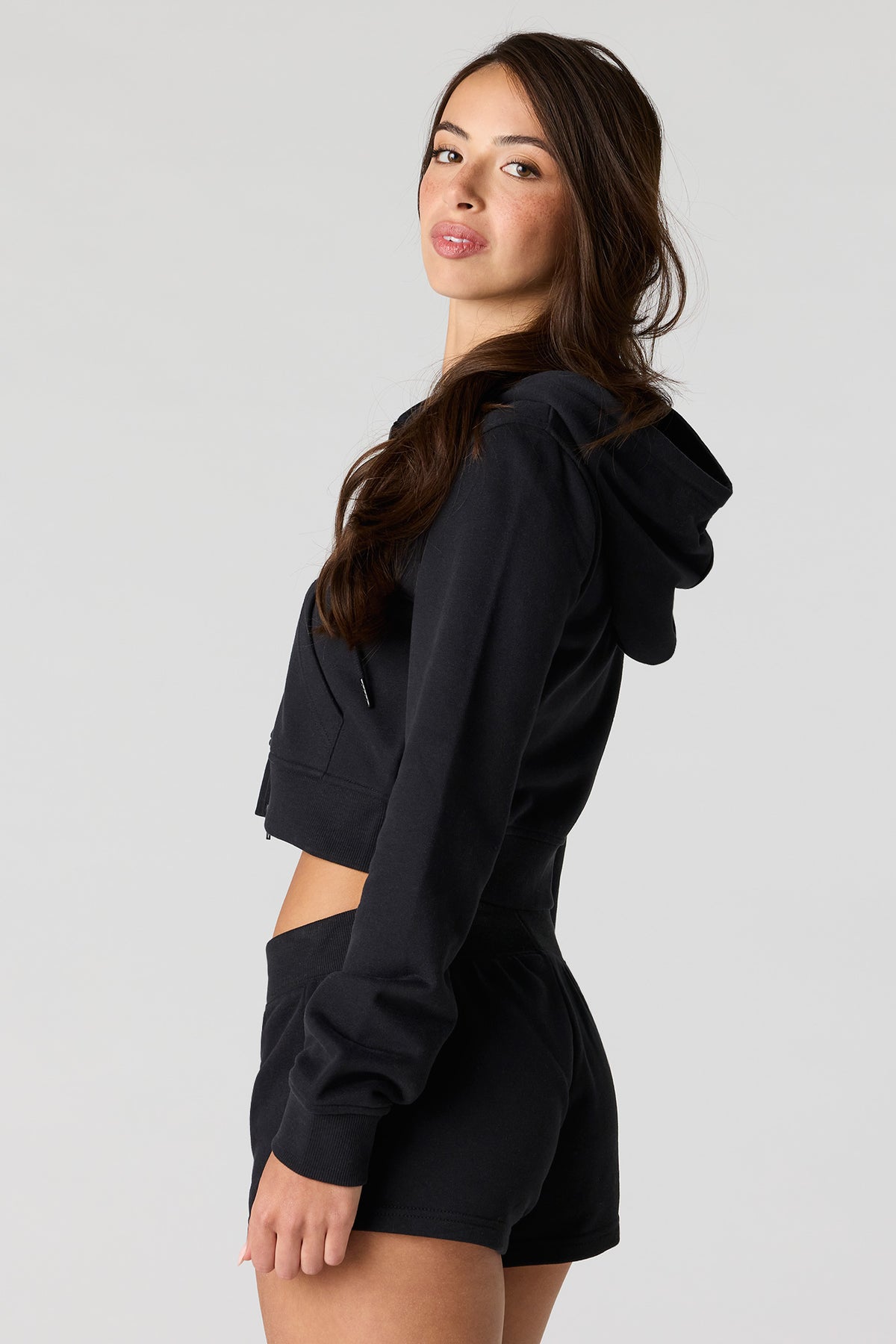 Alt View 2. Luxe French Terry 2 Way Zip-Up Cropped Hoodie - Black