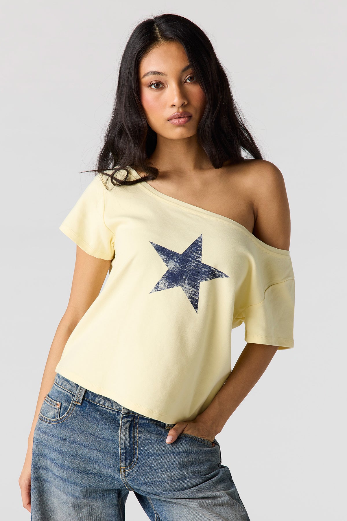 Graphic Off Shoulder Boxy T-Shirt - Yellow