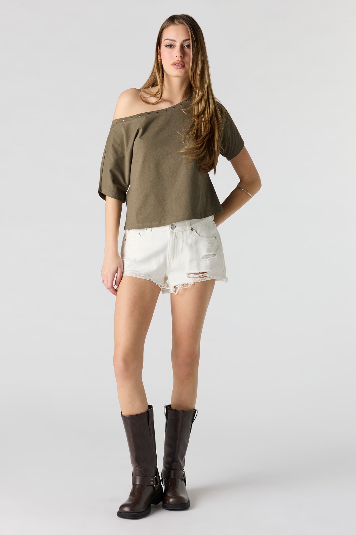 Alt View 3. Off Shoulder Studded Top - Dark Green