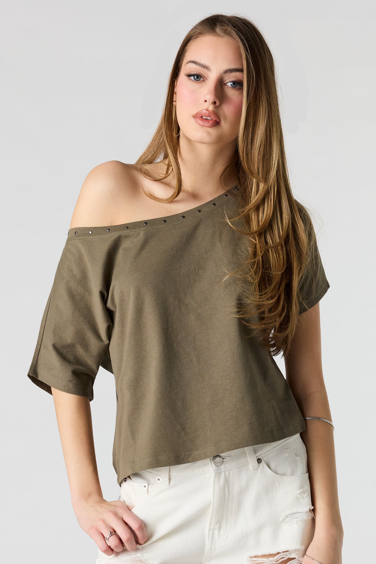 Alt View 4. Off Shoulder Studded Top - Dark Green