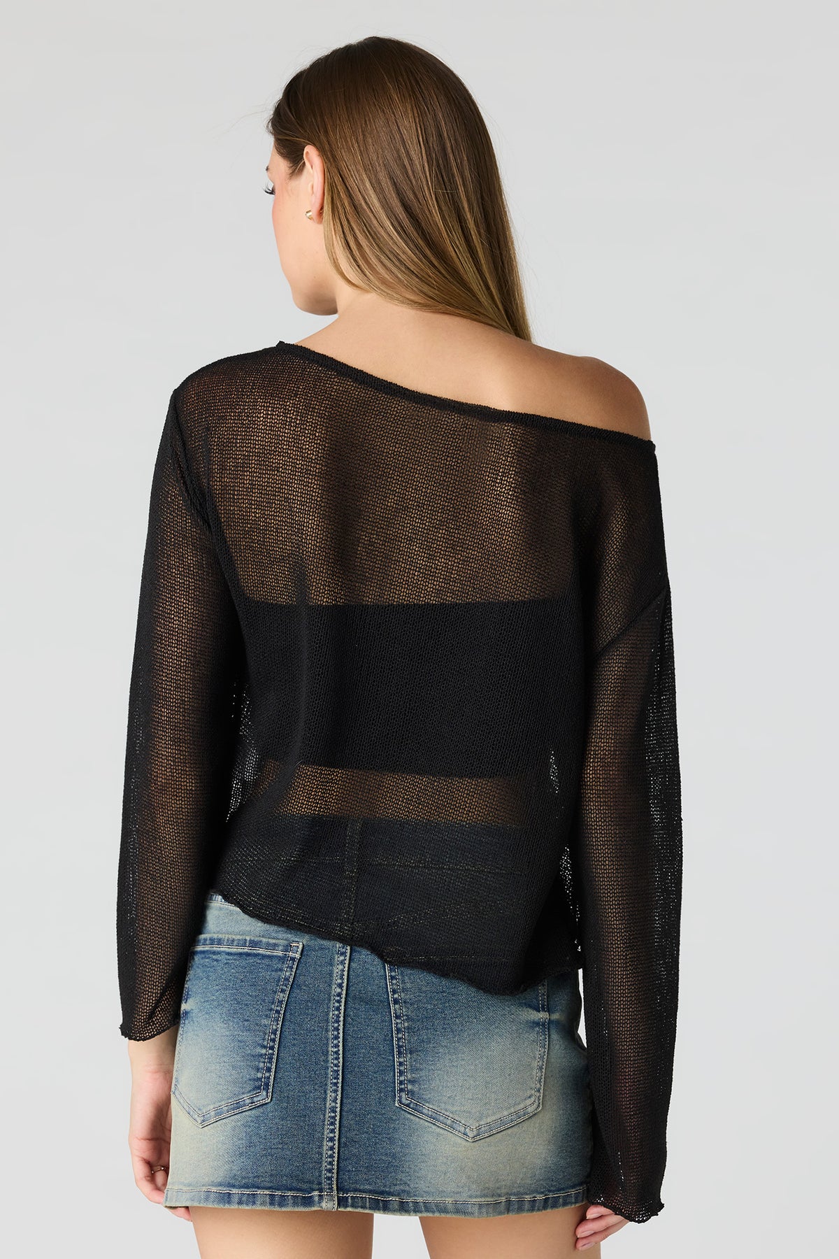 Alt View 2. Crochet Off Shoulder Long Sleeve Top - Black