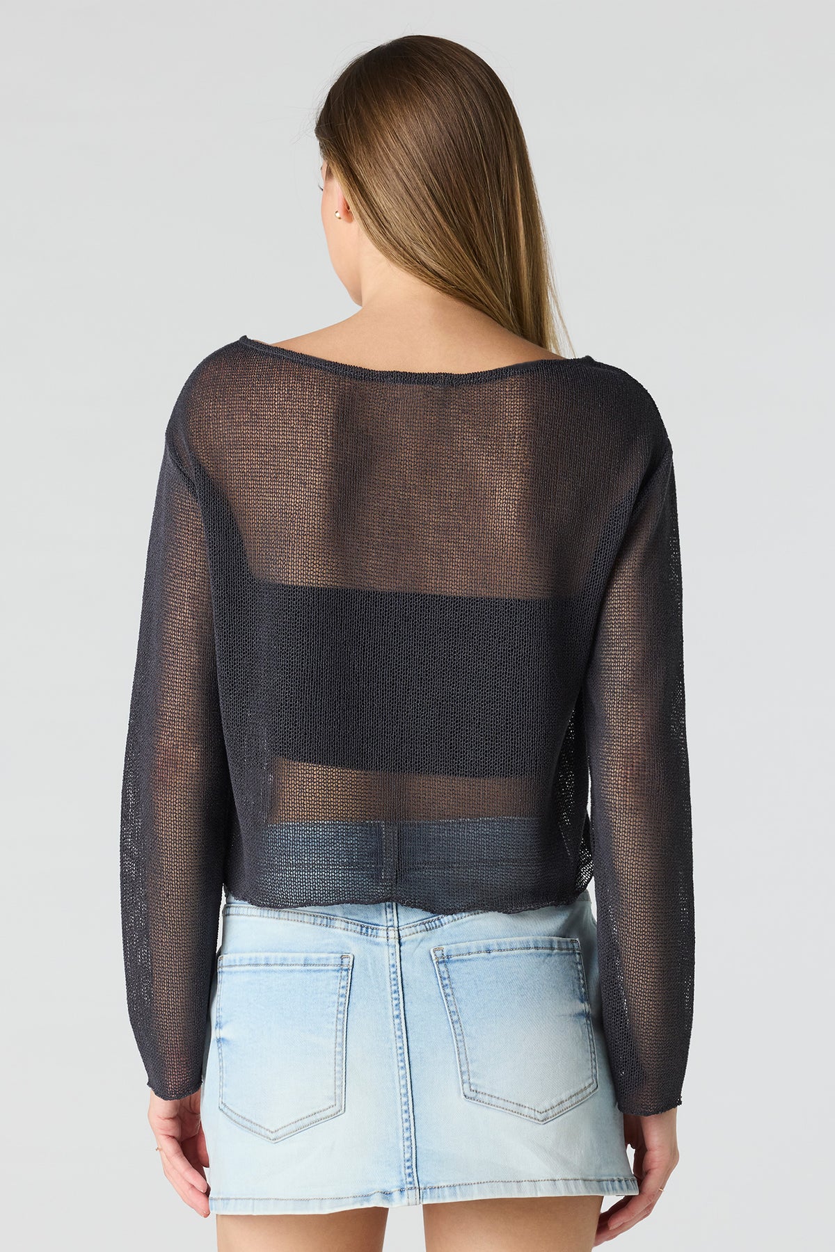 Alt View 2. Crochet Off Shoulder Long Sleeve Top - Dark Grey