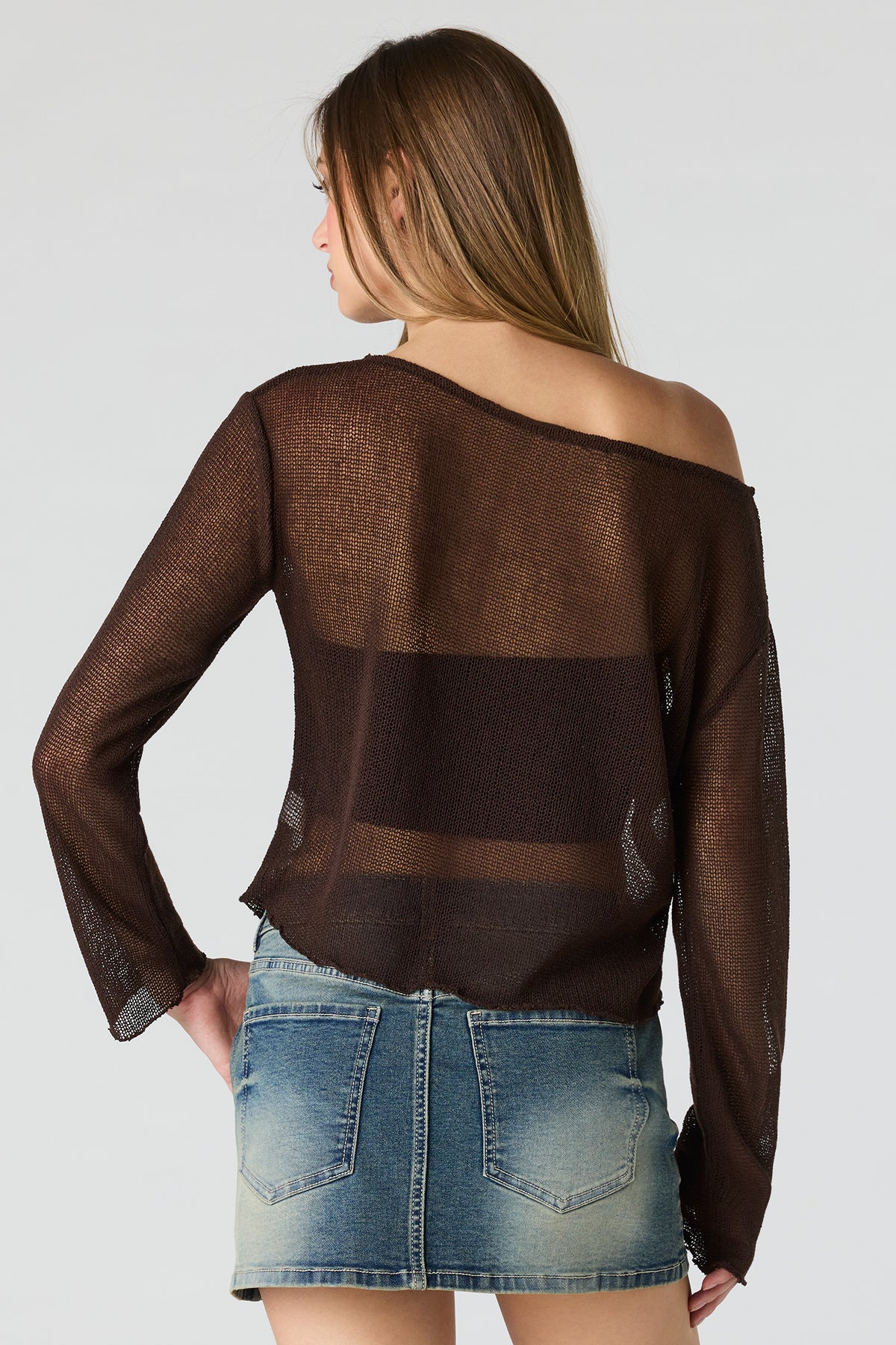 Alt View 2. Crochet Off Shoulder Long Sleeve Top - Brown