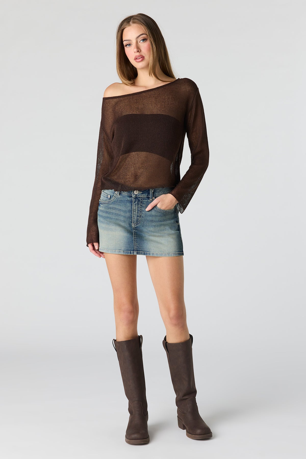 Alt View 3. Crochet Off Shoulder Long Sleeve Top - Brown