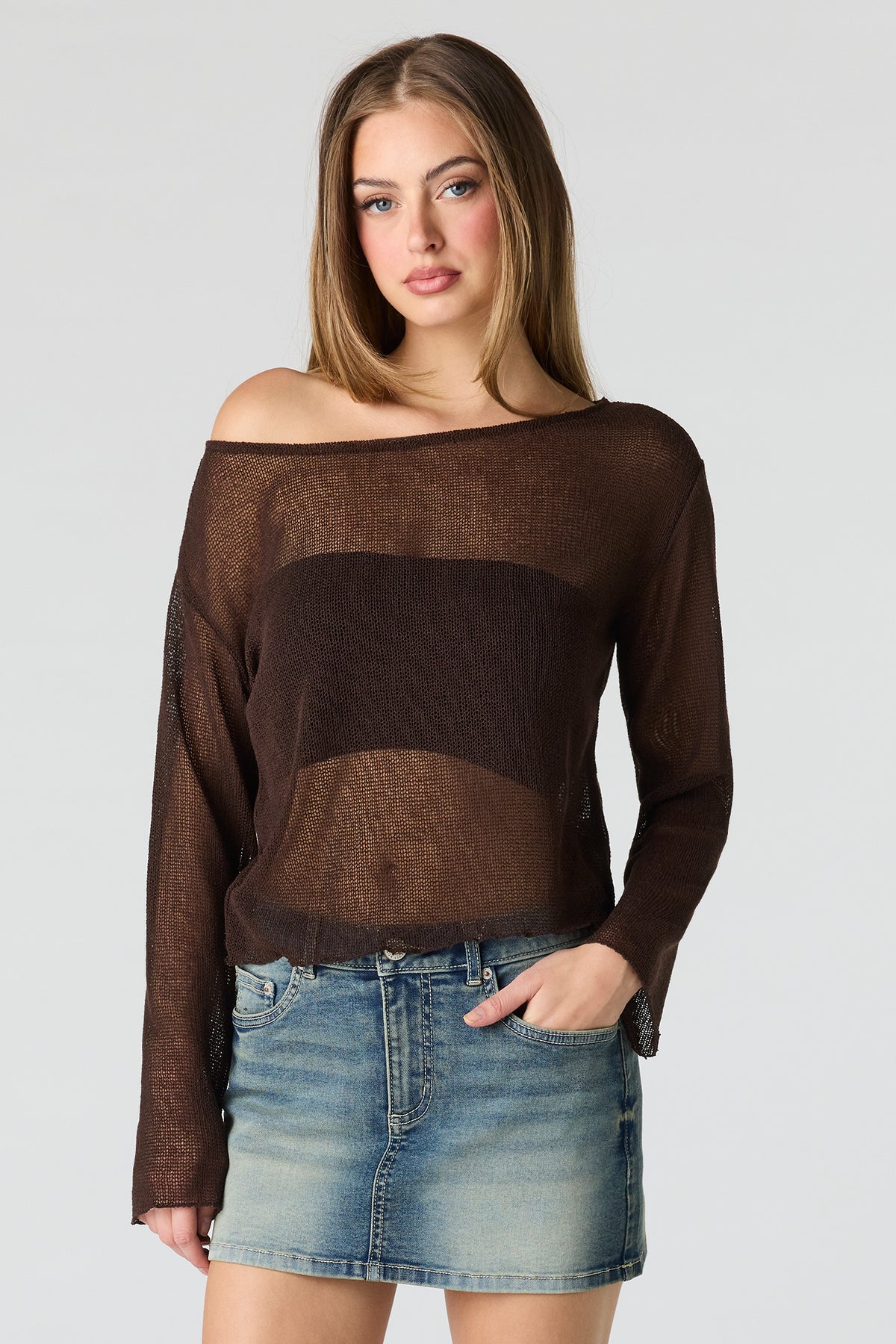 Crochet Off Shoulder Long Sleeve Top - Brown