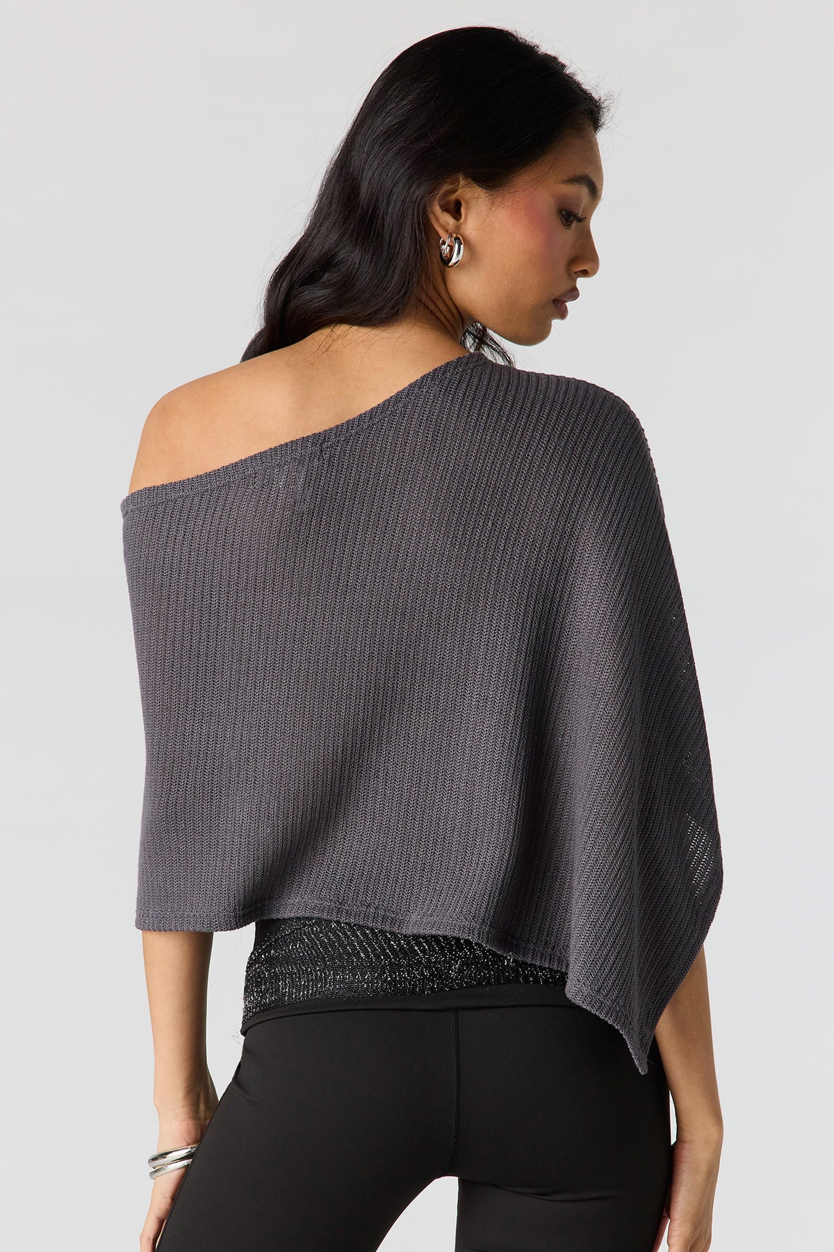 Alt View 2. Ribbed Poncho - Charcoal