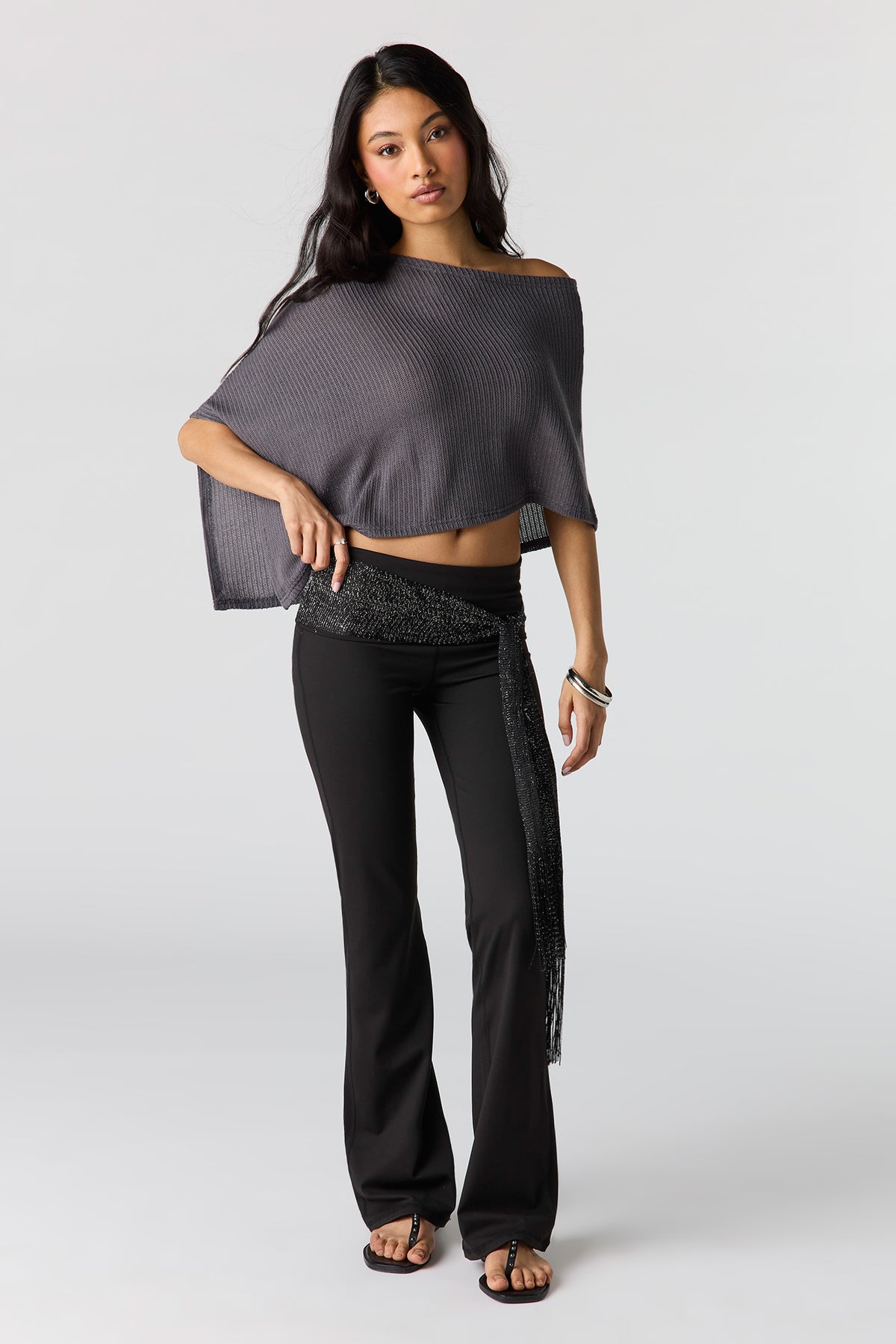Alt View 3. Ribbed Poncho - Charcoal