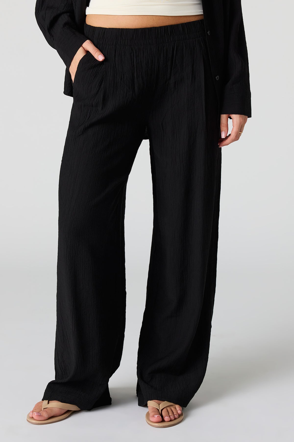 Alt View 2. Textured Flowy Wide Leg Pant - Black