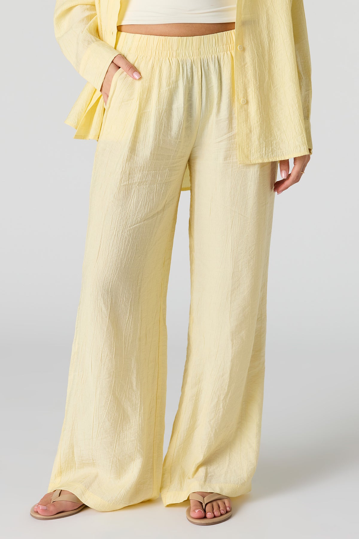 Alt View 2. Textured Flowy Wide Leg Pant - Pale Yellow