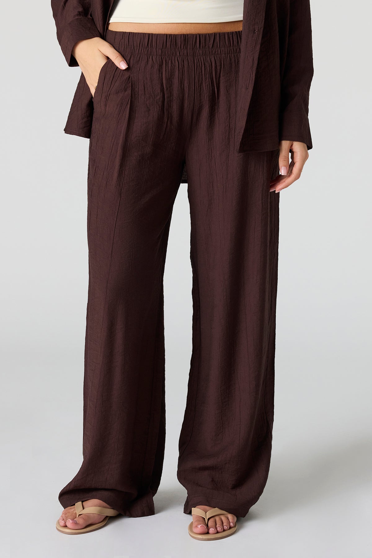 Alt View 2. Textured Flowy Wide Leg Pant - Brown