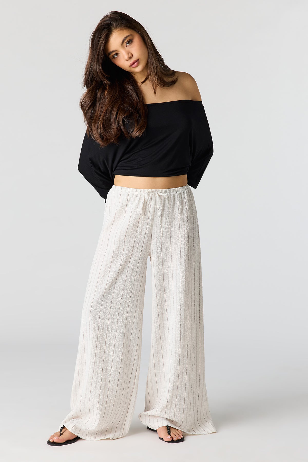 Textured Flowy Wide Leg Pant - Off White