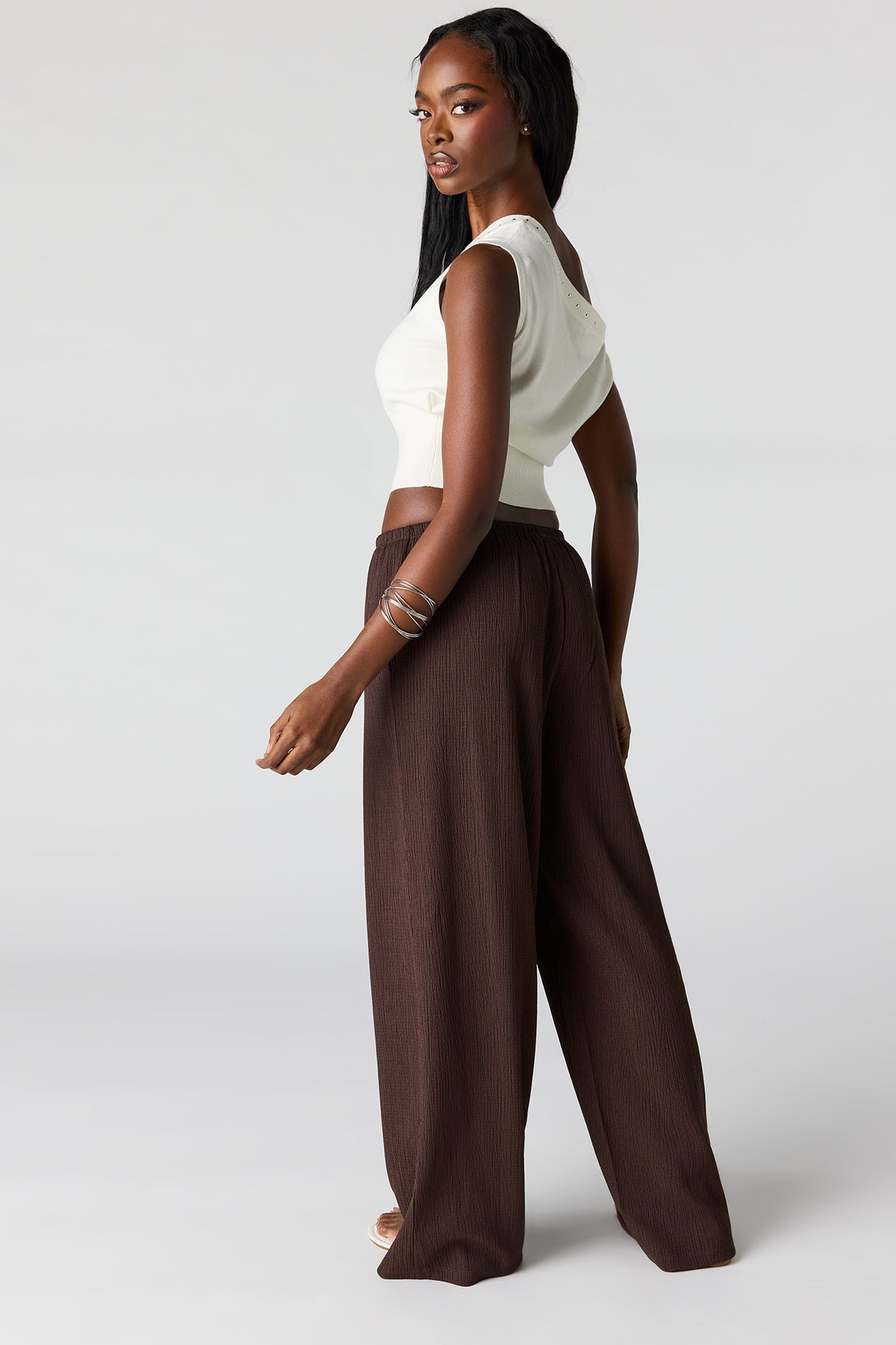 Alt View 3. Textured Flowy Wide Leg Pant - Brown