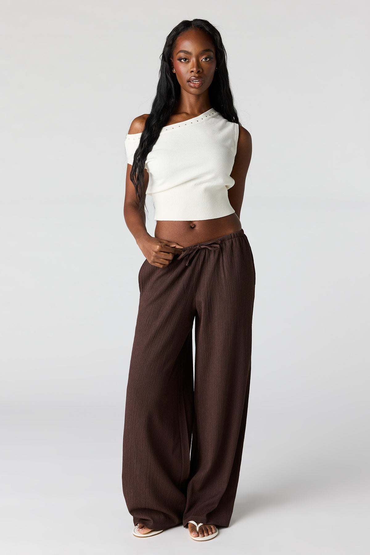 Textured Flowy Wide Leg Pant - Brown