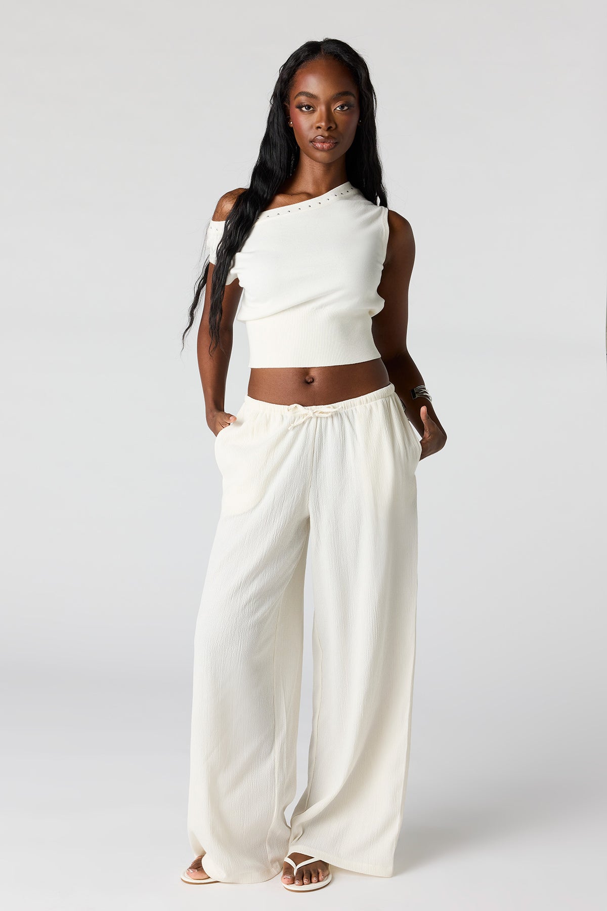 Textured Flowy Wide Leg Pant - Ivory