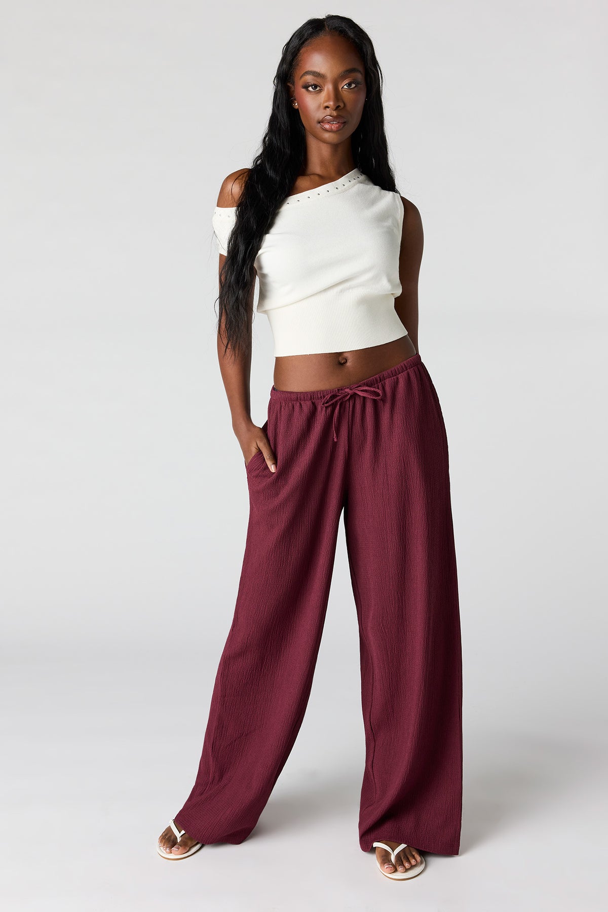Textured Flowy Wide Leg Pant - Burgundy