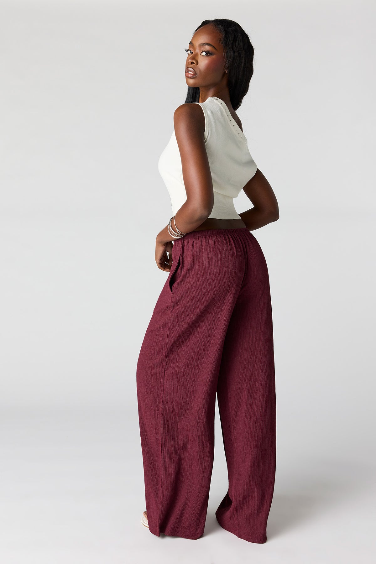 Alt View 3. Textured Flowy Wide Leg Pant - Burgundy