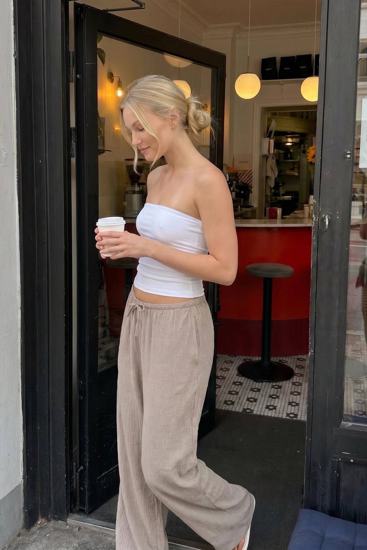 Textured Flowy Wide Leg Pant - Taupe
