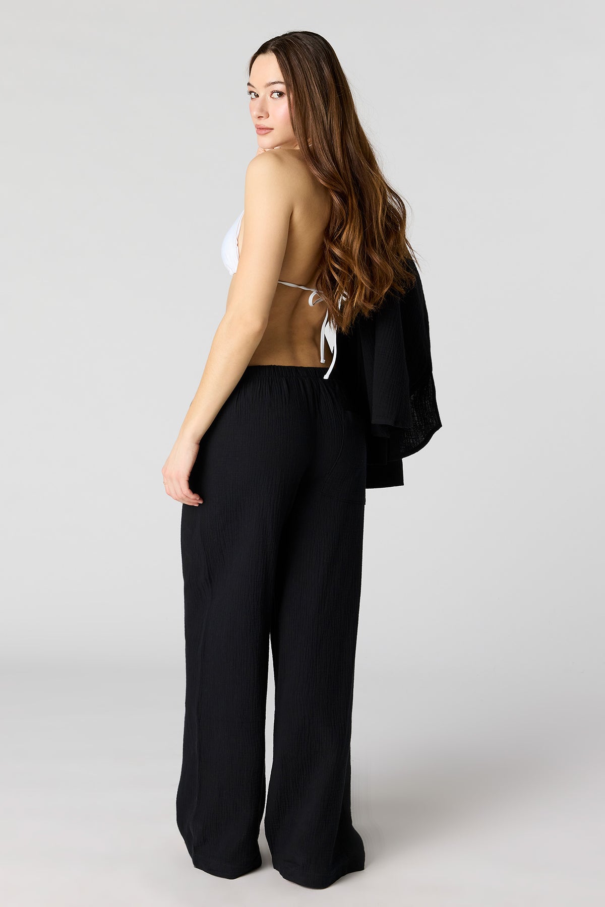 Alt View 3. Textured Flowy Wide Leg Pant - Black