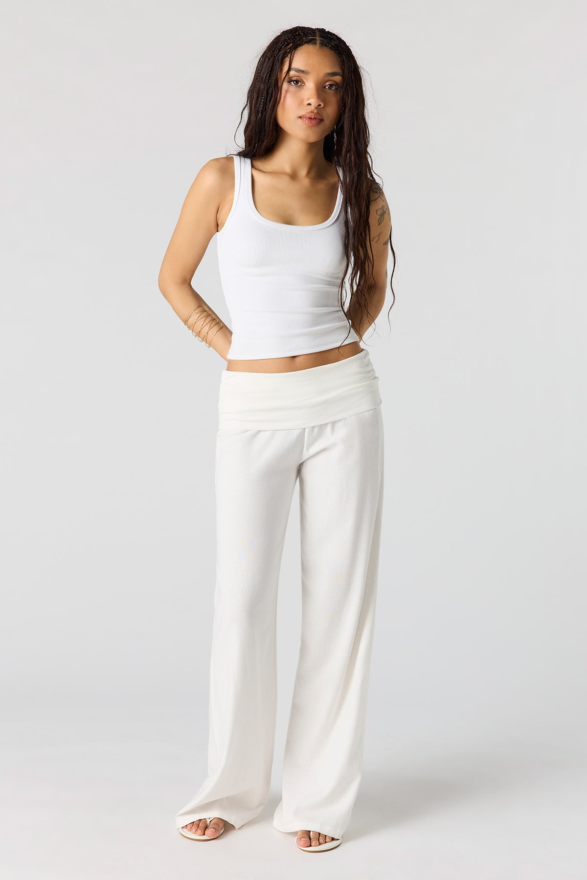Linen-Blend Foldover Waist Wide Leg Pant - White