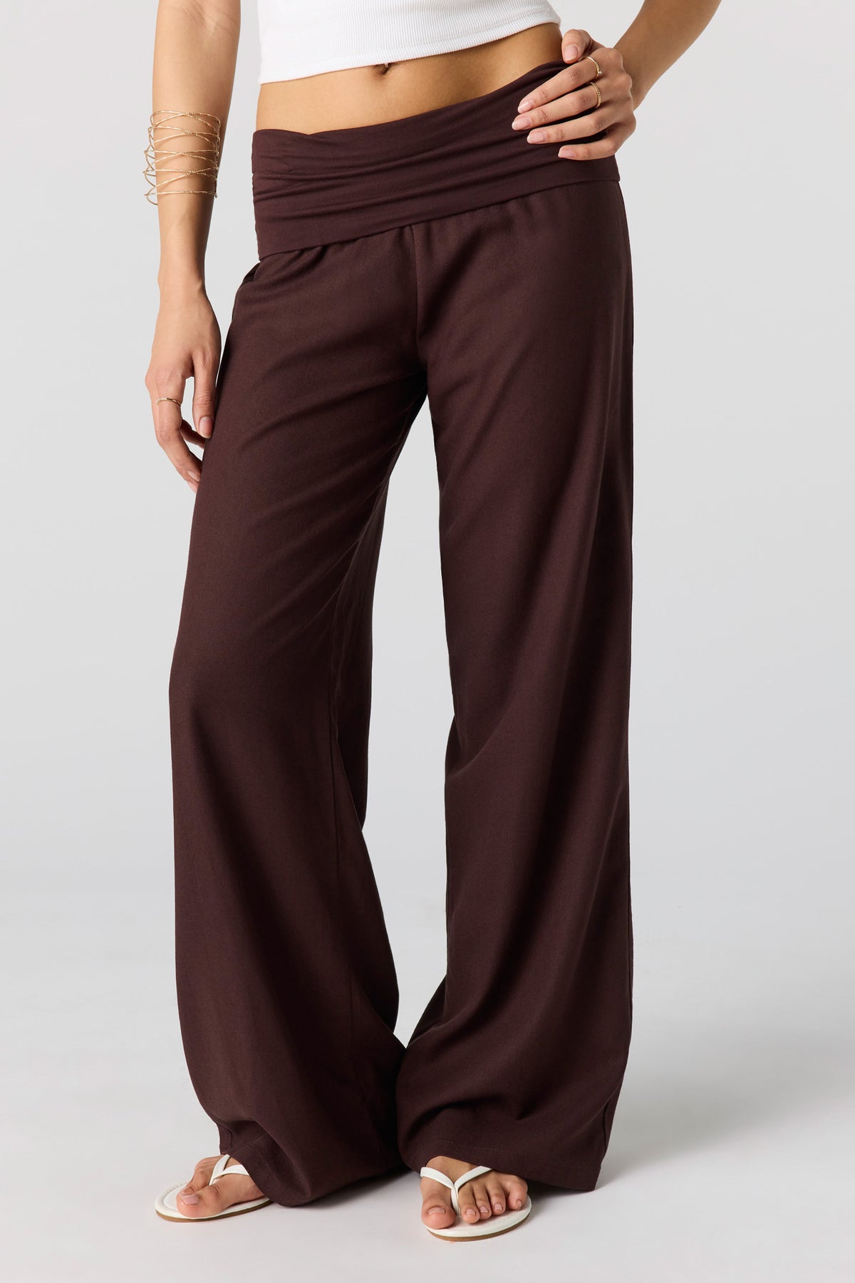 Alt View 2. Linen-Blend Foldover Waist Wide Leg Pant - Brown