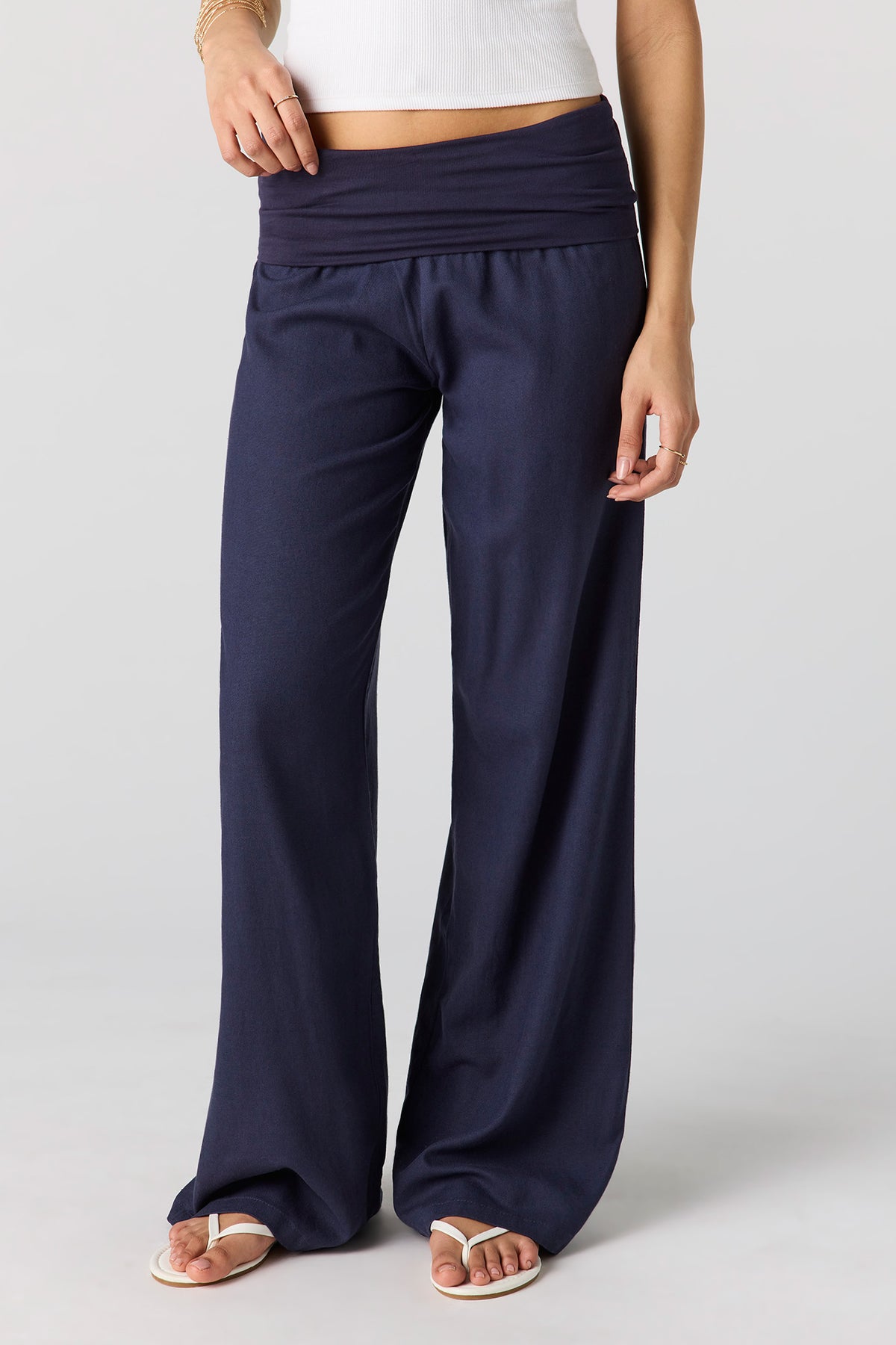 Alt View 2. Linen-Blend Foldover Waist Wide Leg Pant - Navy