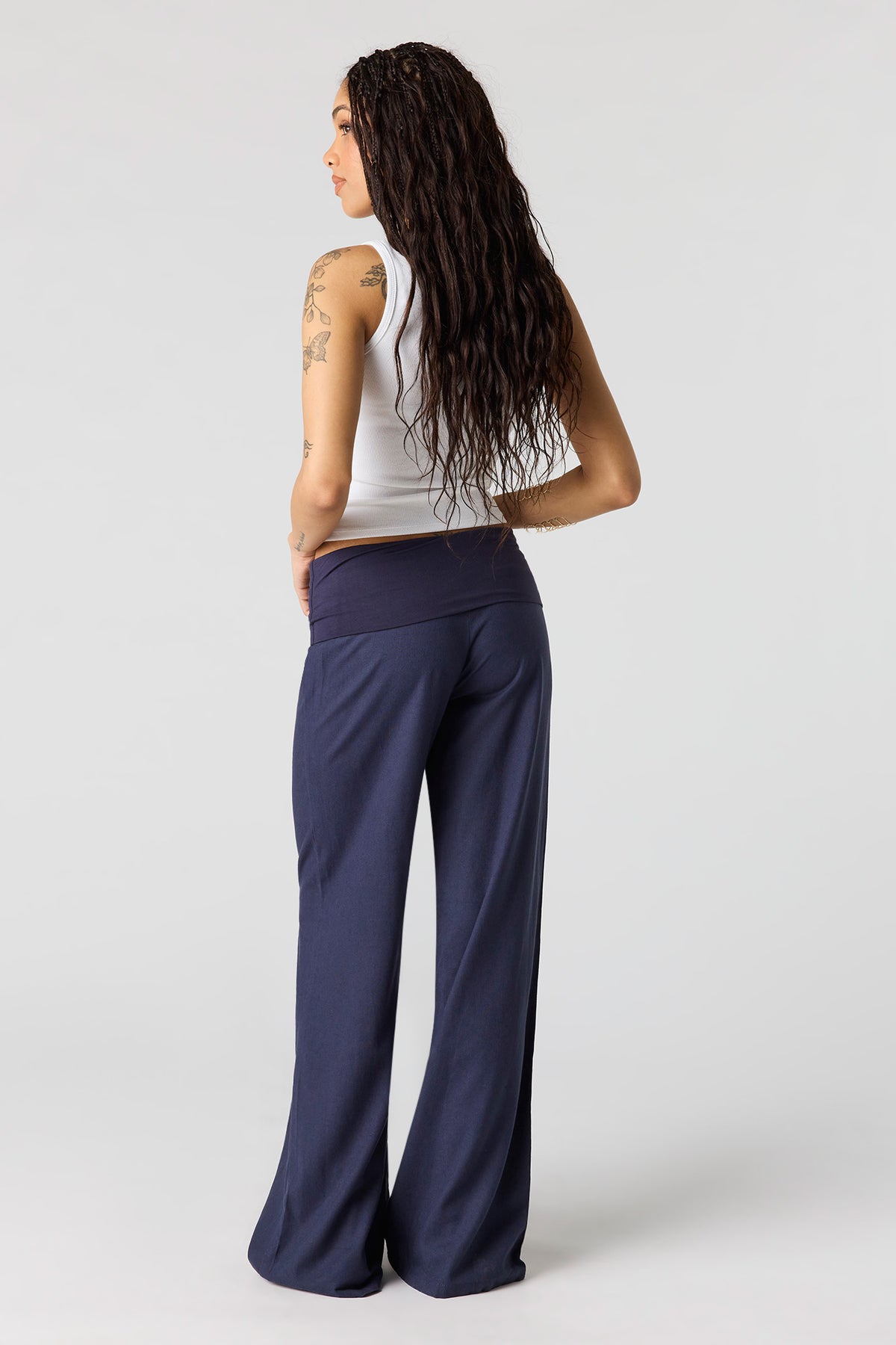Alt View 3. Linen-Blend Foldover Waist Wide Leg Pant - Navy