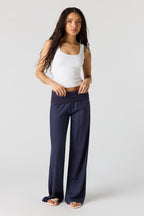 Linen-Blend Foldover Waist Wide Leg Pant
